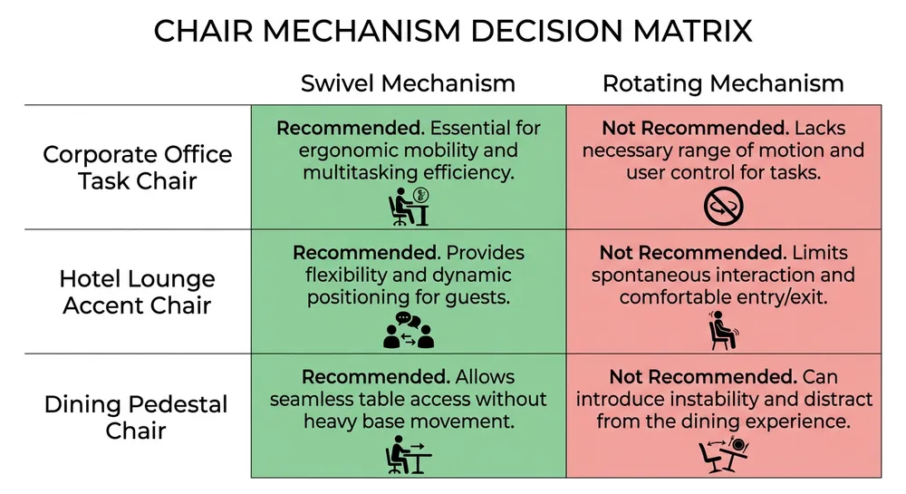 Decision matrix chart showing which chair mechanism type fits office task seating, hotel lounge, and dining pedestal applications