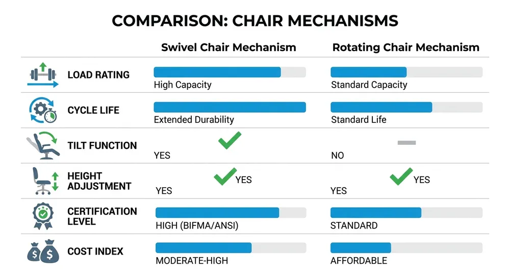 Visual specification matrix comparing swivel chair mechanism and rotating chair mechanism across load, cycle life, and function dimensions