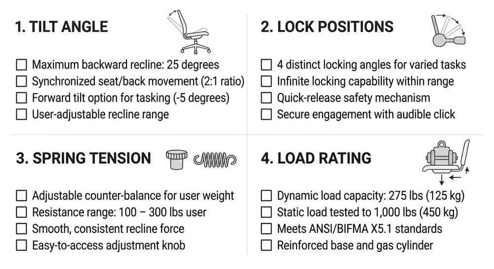 Tilt mechanism sourcing checklist Sourcing checklist visual for tilt chair mechanism spec confirmation covering tilt angle, lock positions, spring tension, and load rating