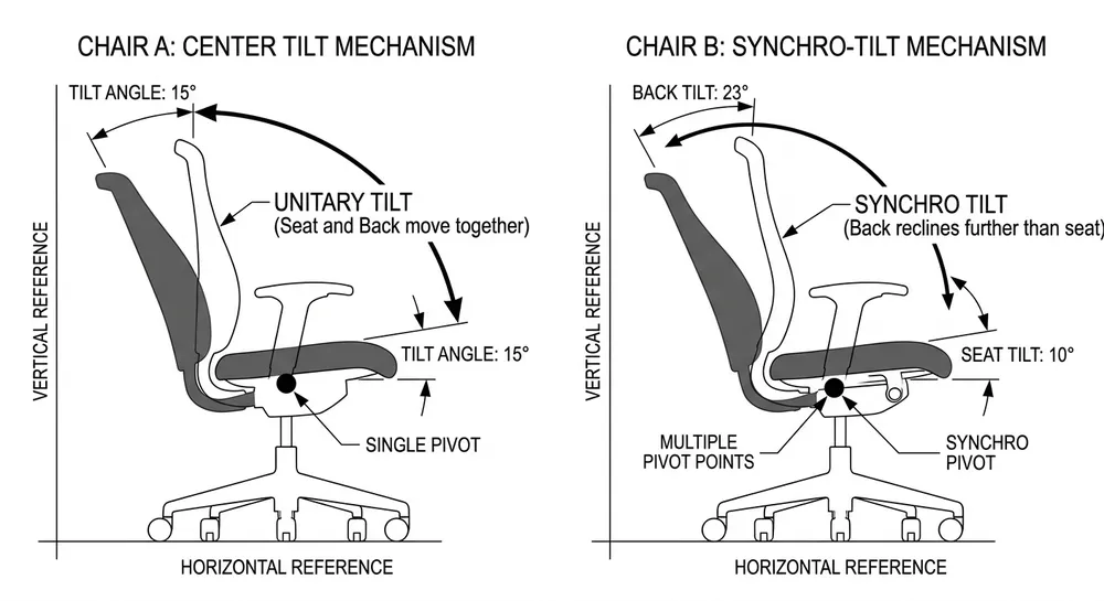 Side-by-side diagram comparing tilt chair mechanism and synchro mechanism movement paths in an office chair