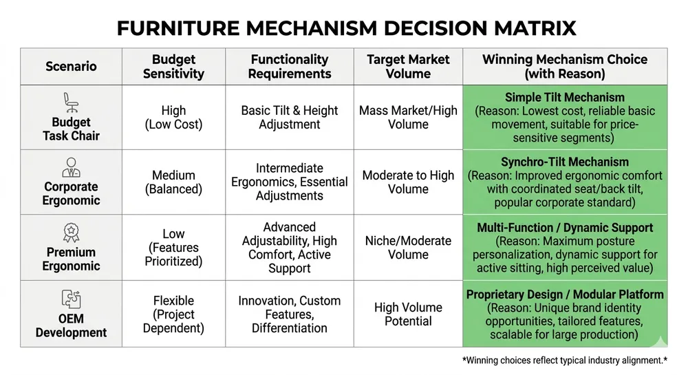 Decision matrix showing which chair mechanism wins across four buyer scenarios including budget, corporate, premium, and OEM development