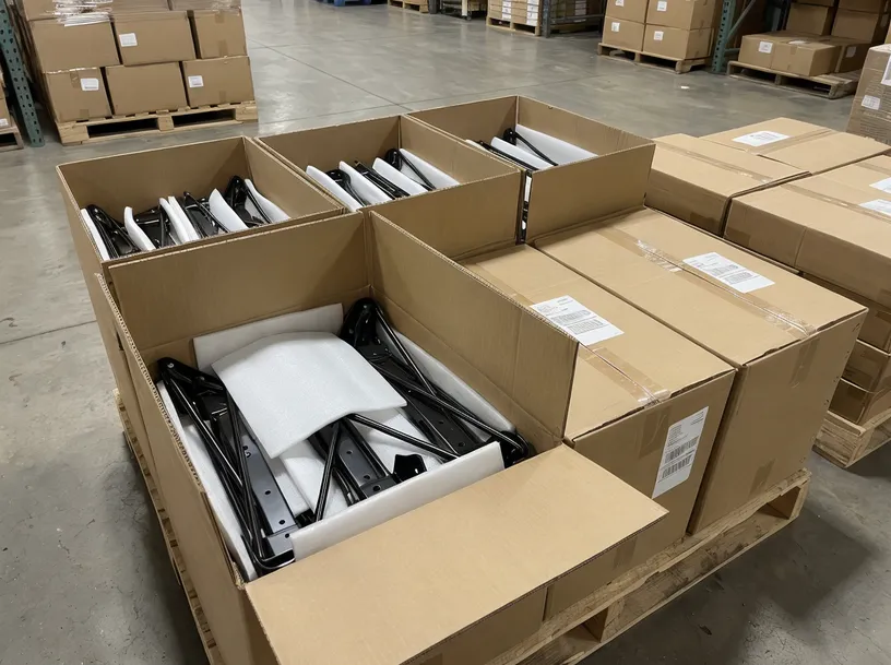 Butterfly chair mechanisms packed in bulk cartons with foam interleaving for container shipping