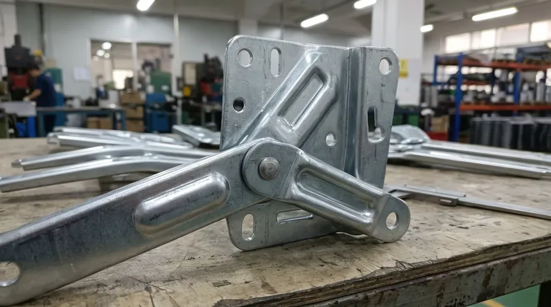 Stamped steel backrest bracket and pivot arm detail showing mounting geometry