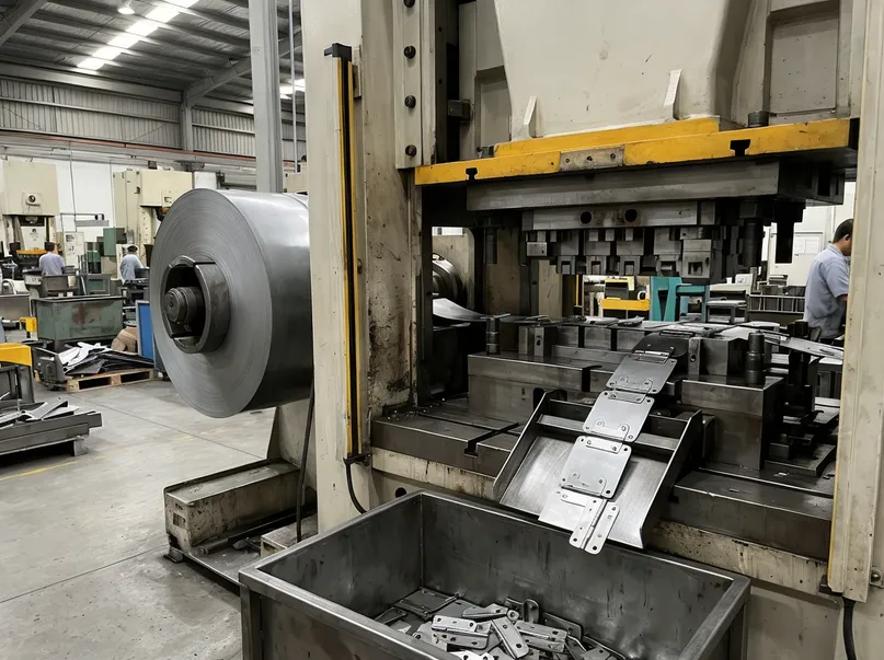 Progressive die press stamping chair mechanism hinges from cold-rolled steel coil stock