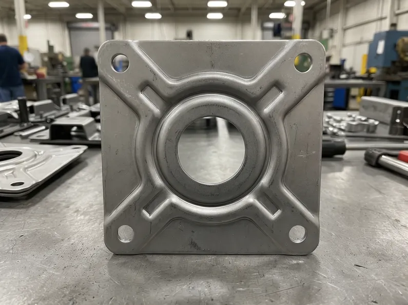 Stamped steel chair mechanism plate showing 4-hole mounting pattern and center bore