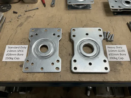 Standard and heavy-duty chair mechanism plate variants showing 2mm SPCC and 3mm Q235 configurations