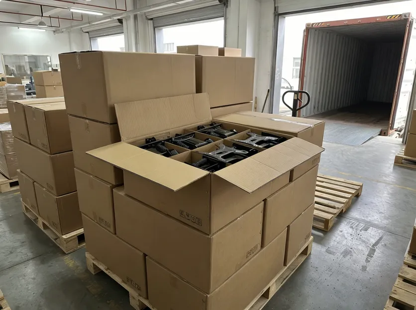Chair mechanism plates packed in cartons for container loading