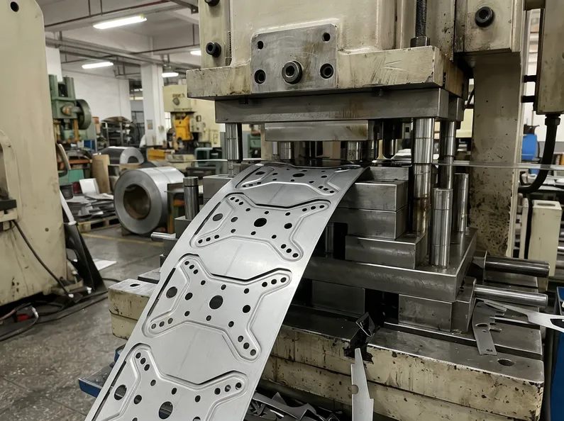Progressive die stamping process for chair mechanism plates showing single-stroke hole pattern cutting