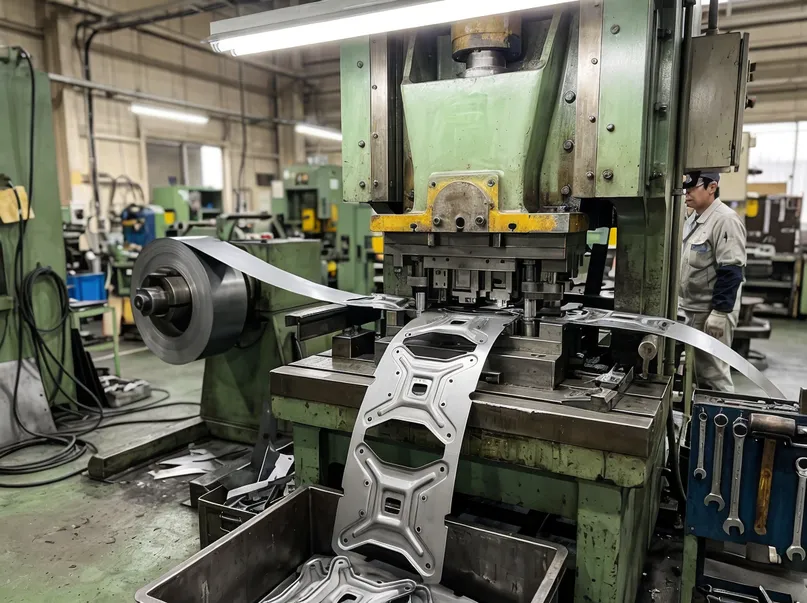 Progressive die stamping press producing chair mechanism plates