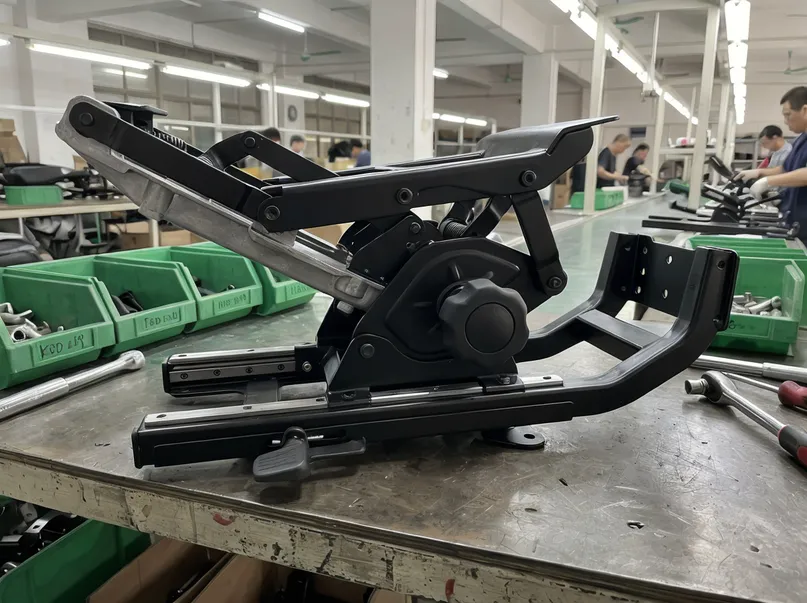 Ergonomic chair mechanism assembly showing synchro tilt, seat slide, and lumbar mounting