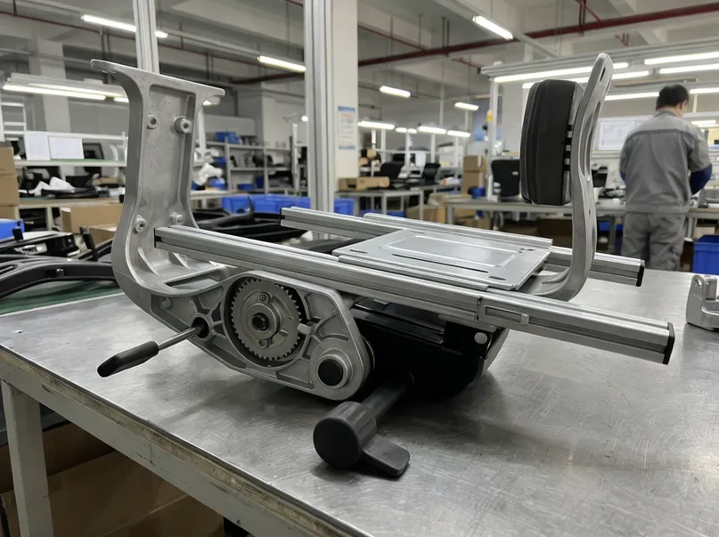 Multi-axis ergonomic chair mechanism showing synchro cam profile and seat slide rail