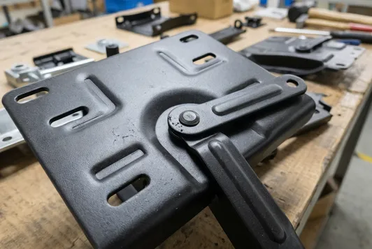 Close-up of ergonomic chair mechanism plate showing stamped slots, pivot points, and powder coat finish