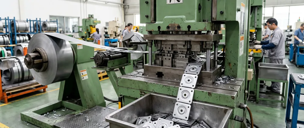 Progressive die stamping of folding chair bracket plates at MVMHardware factory