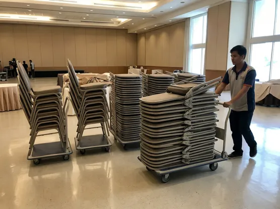 Hotel banquet hall with stacked folding chairs on dollies — event rental segment