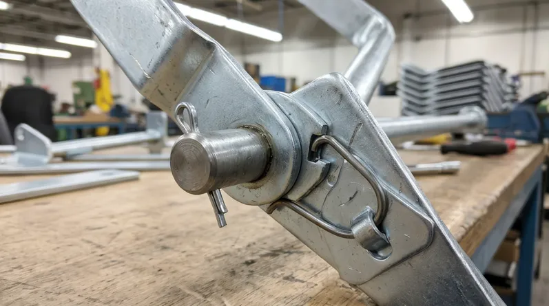 Folding chair mechanism pivot pin and lock tab detail