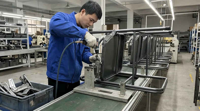 Furniture manufacturer assembly line fitting folding chair mechanisms to frames — OEM segment