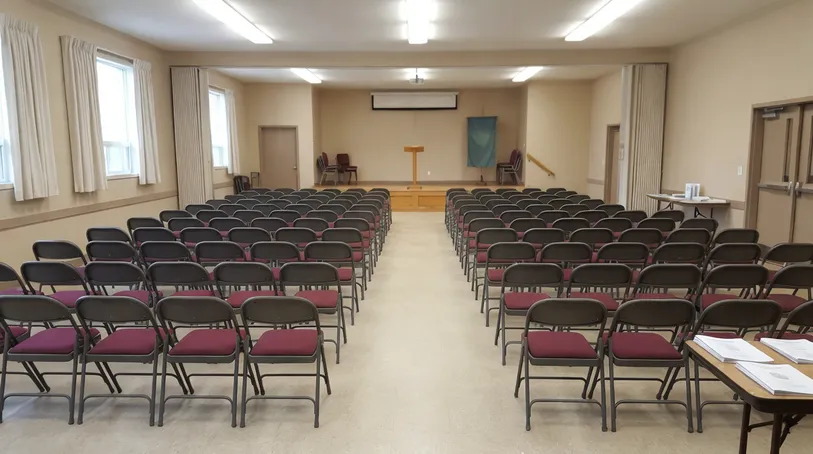 Community hall with folding chairs arranged for event — religious and civic segment