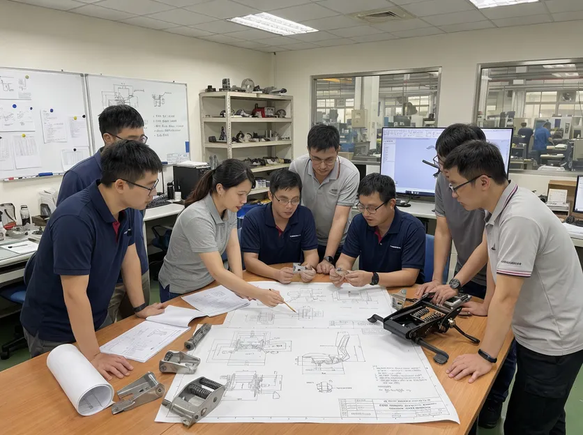 MVMHardware engineering team reviewing OEM tooling drawings for custom forward tilt mechanism