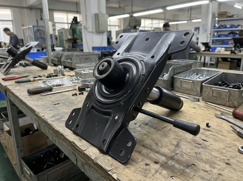 Hydraulic chair mechanism plate assembly showing lever bracket, cylinder collar, and seat mounting pattern