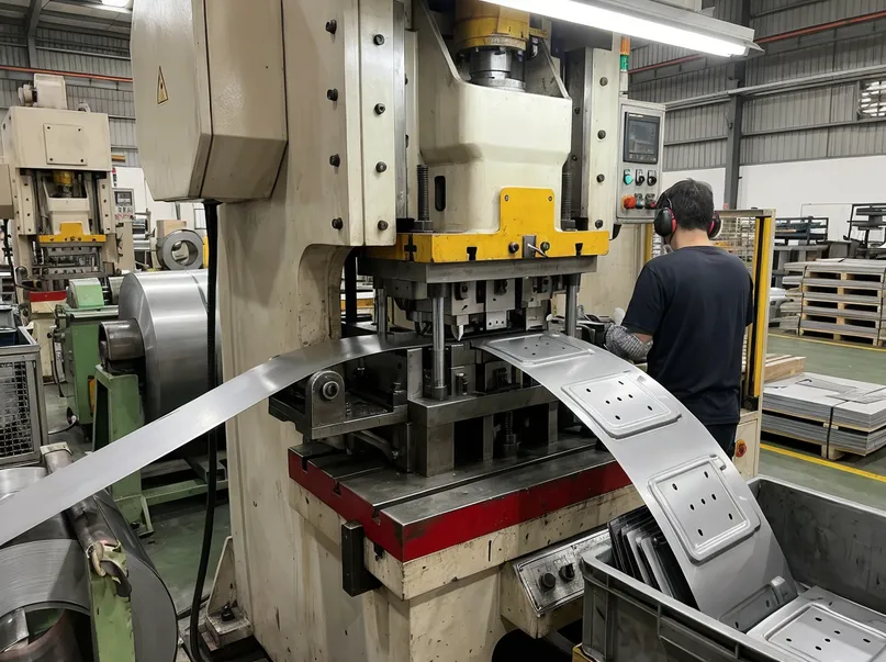 Progressive die stamping of hydraulic chair mechanism plates at MVMHardware factory