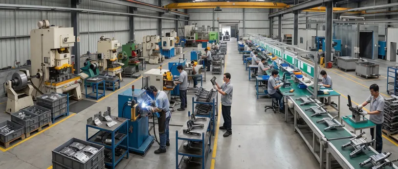 Chair mechanism manufacturing process — progressive die stamping, die-casting, welding, and surface treatment at MVMHardware facility