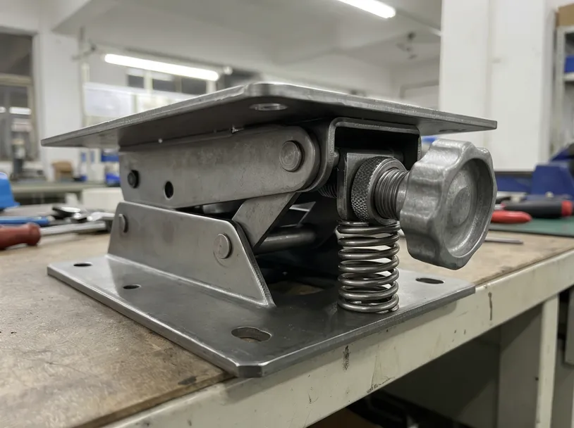 Knee tilt mechanism plate construction showing progressive die stamping and pivot geometry