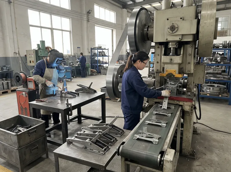 Lever chair mechanism manufacturing — progressive die stamping and MIG welding process at MVMHardware factory