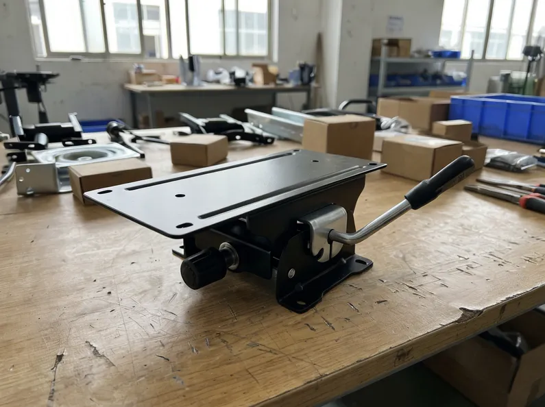 Lever chair mechanism product view showing lever actuation and mounting plate