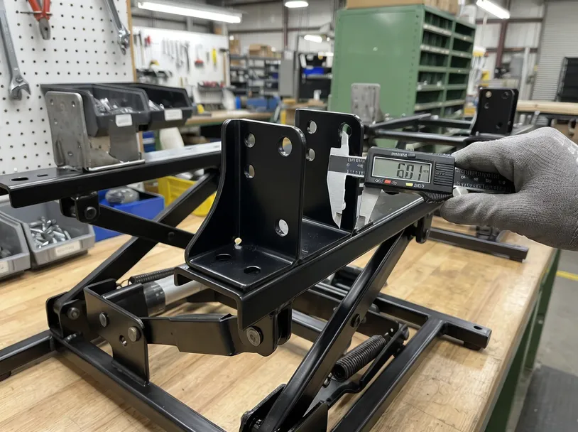 Actuator-compatible lift chair mechanism showing 6mm pin dual-bracket mount detail