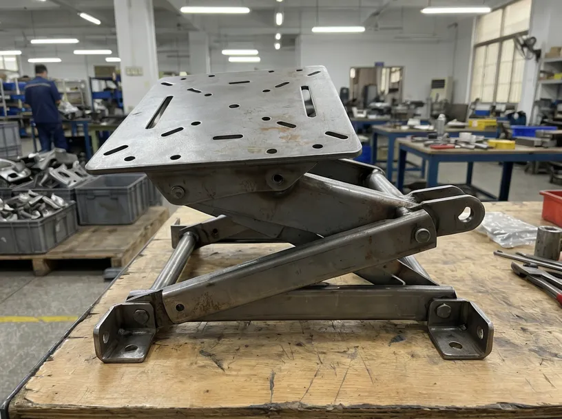 Lift chair mechanism showing three connection points: seat mounting plate, base frame attachment, and actuator anchor