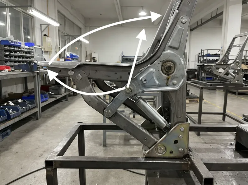 Lift chair mechanism pivot geometry showing controlled forward-and-upward motion arc