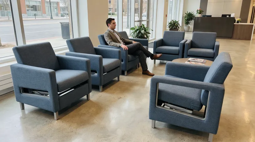 Push back mechanism in hotel lobby and corporate reception guest seating