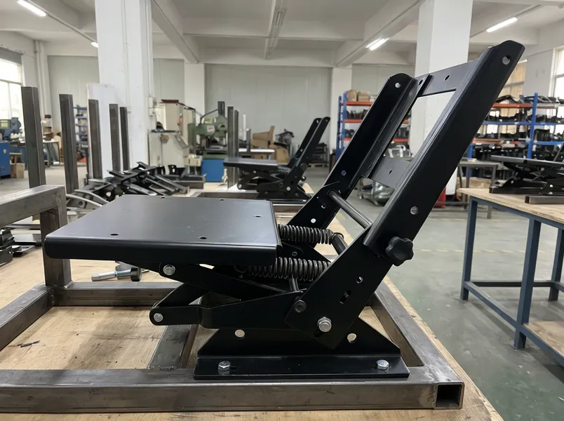 Push back chair mechanism showing backrest recline action with fixed seat plate