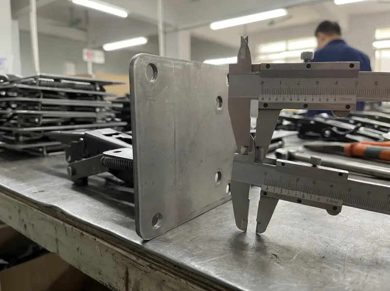 Cold-rolled steel push back chair mechanism plate construction detail showing 2.0–2.5mm thickness