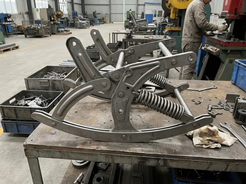 Rocker chair mechanism — stamped steel construction for continuous arc rocking motion