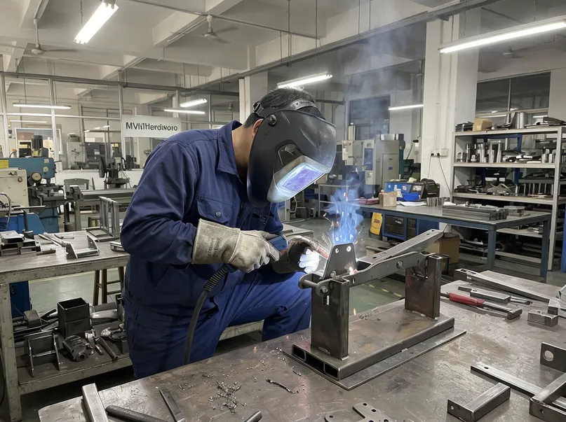 MIG welding of rocker mechanism pivot bracket at MVMHardware factory