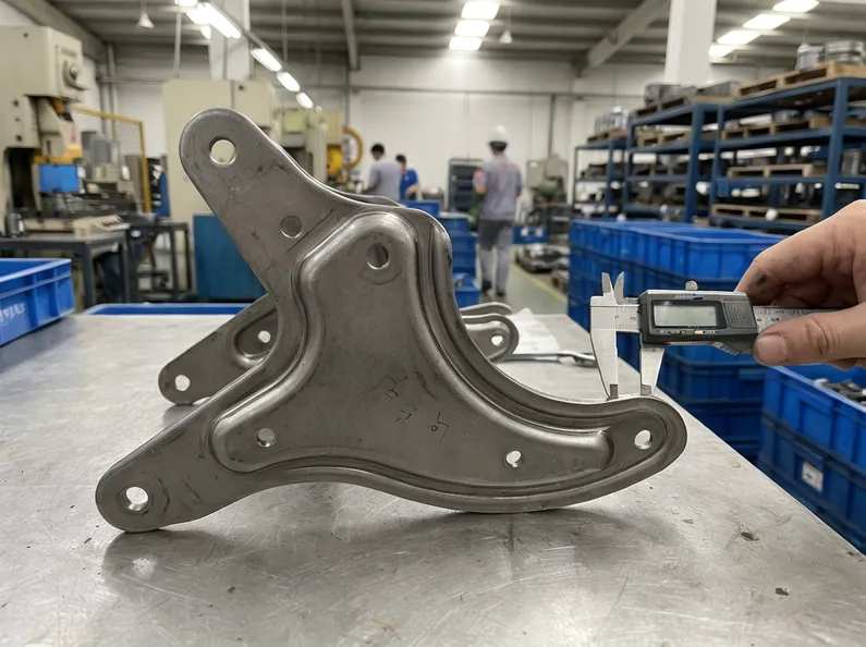 Rocker chair mechanism stamped steel construction detail — progressive die stamping to ±0.15 mm tolerance