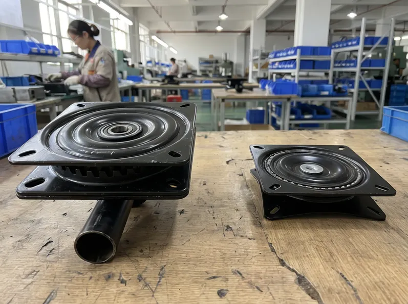 Rotating chair mechanism vs standard swivel — controlled stop positions vs free rotation