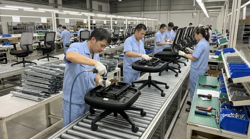 Contract office furniture assembly line with chair mechanisms