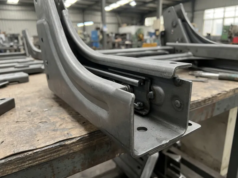 Close-up of slide rail channel construction showing zinc phosphate treatment and steel stamping