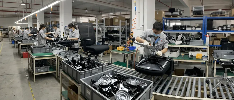 Contract office seating — task chair assembly line using swivel base mechanisms