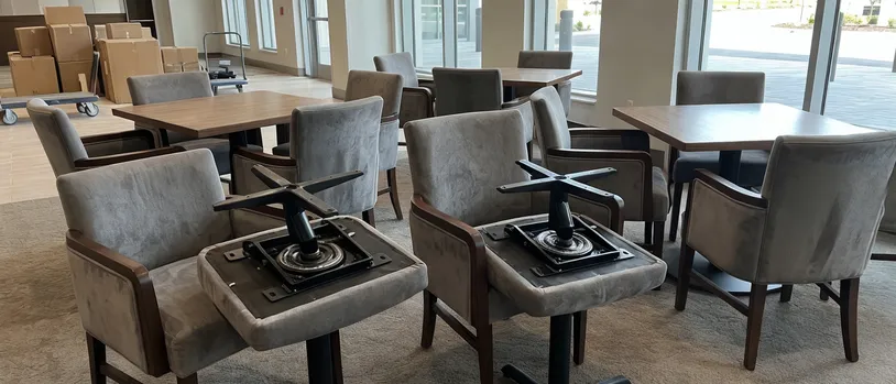 Hospitality contract seating — hotel lobby and restaurant chairs using swivel base mechanisms