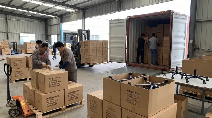 Export carton packing and container loading for swivel chair base mechanisms