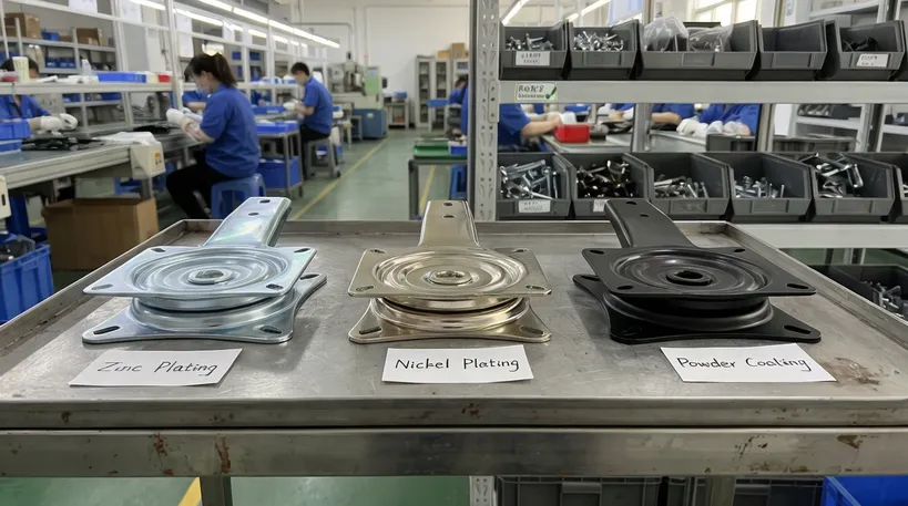 Swivel base mechanism surface treatment options — zinc plating, nickel plating, powder coating