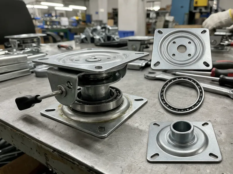 Swivel chair base mechanism assembly — upper plate, lower plate, ball-bearing race diagram