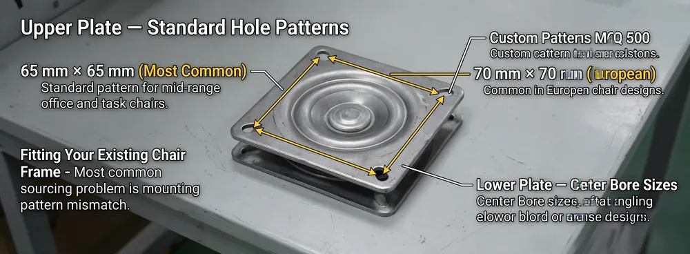 Swivel chair base mechanism upper plate showing standard 65mm and 70mm 4-hole mounting patterns with dimensional callouts