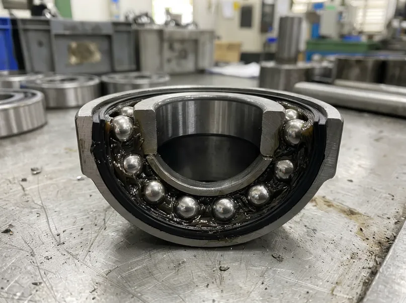 Full-complement ball bearing race cross-section showing grease-packed sealed housing