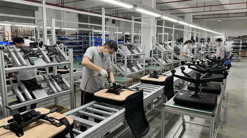 Contract office furniture production line with swivel chair mechanisms