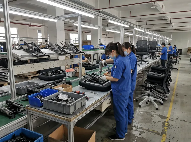 Contract office furniture manufacturing assembly line with synchro chair mechanisms