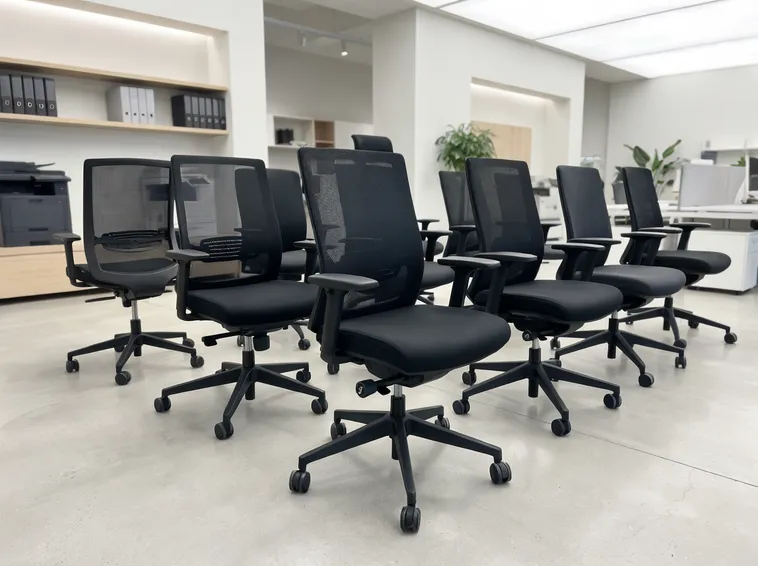 Ergonomic chair importer showroom with private-label seating line featuring synchro mechanisms
